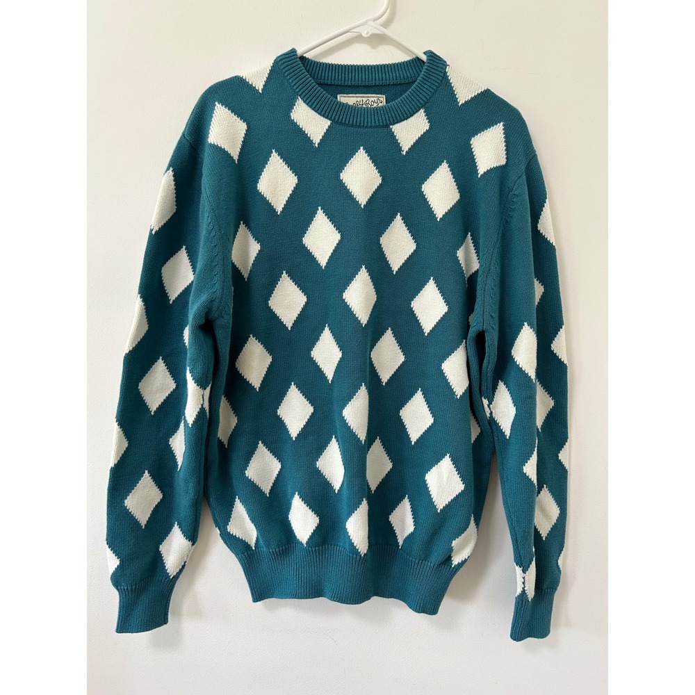 Bogey Boys Mens Teal White Diamond Argyle Knit Crewneck Sweater Large